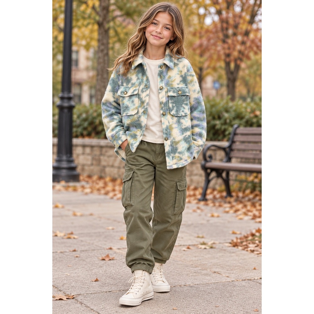 Zara Girls Wool Blend Shacket 11-12 Blue Green Abstract Overshirt Jacket